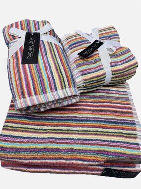 8 pc Rachel Zoe Rainbow Stripe Bath Hand Towel Washcloth Set Colorful Summer NEW